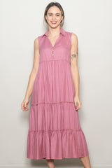 Pink Sleeveless Button Up Tiered Maxi Dress
