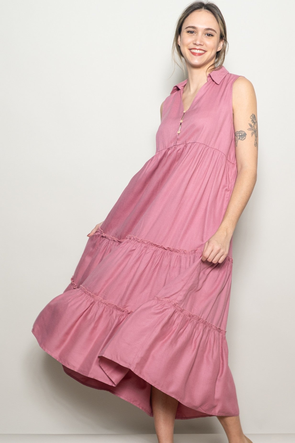 Pink Sleeveless Button Up Tiered Maxi Dress