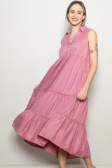 Pink Sleeveless Button Up Tiered Maxi Dress