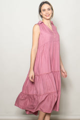 Pink Sleeveless Button Up Tiered Maxi Dress