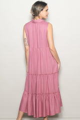 Pink Sleeveless Button Up Tiered Maxi Dress