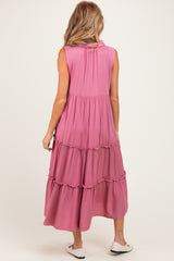 Pink Sleeveless Button Up Tiered Maternity Maxi Dress