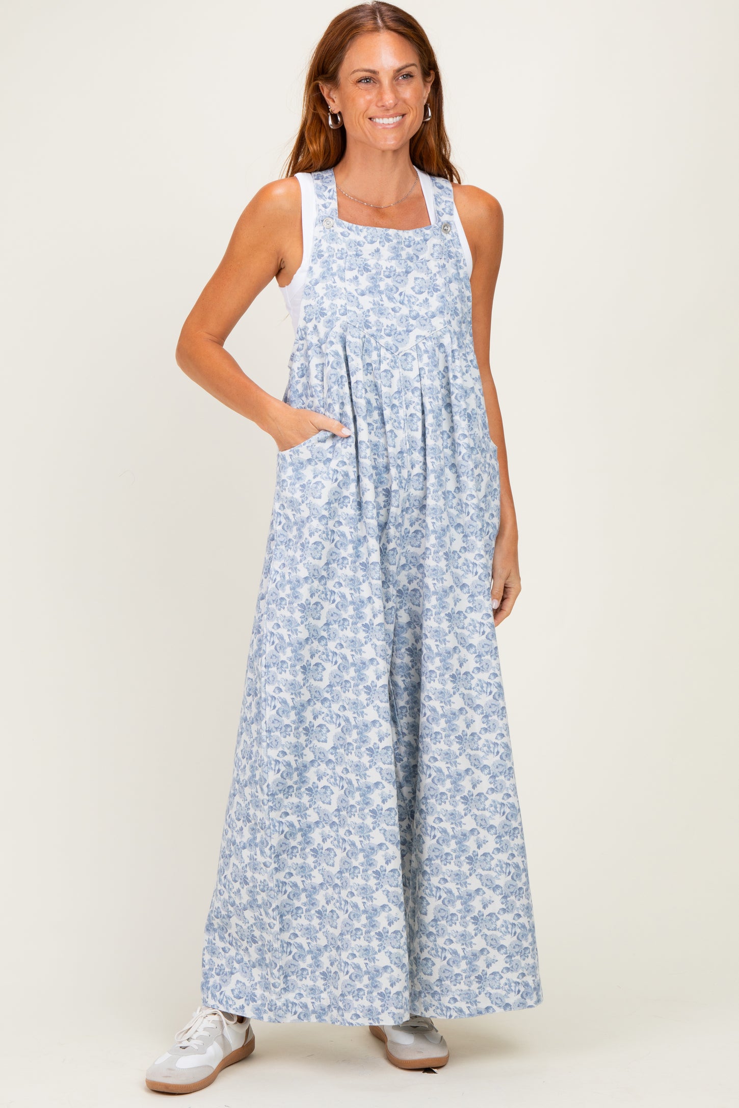 Denim Floral Twill Maternity Overalls