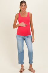 Flamingo Pink Square Neckline Maternity Active Tank Top