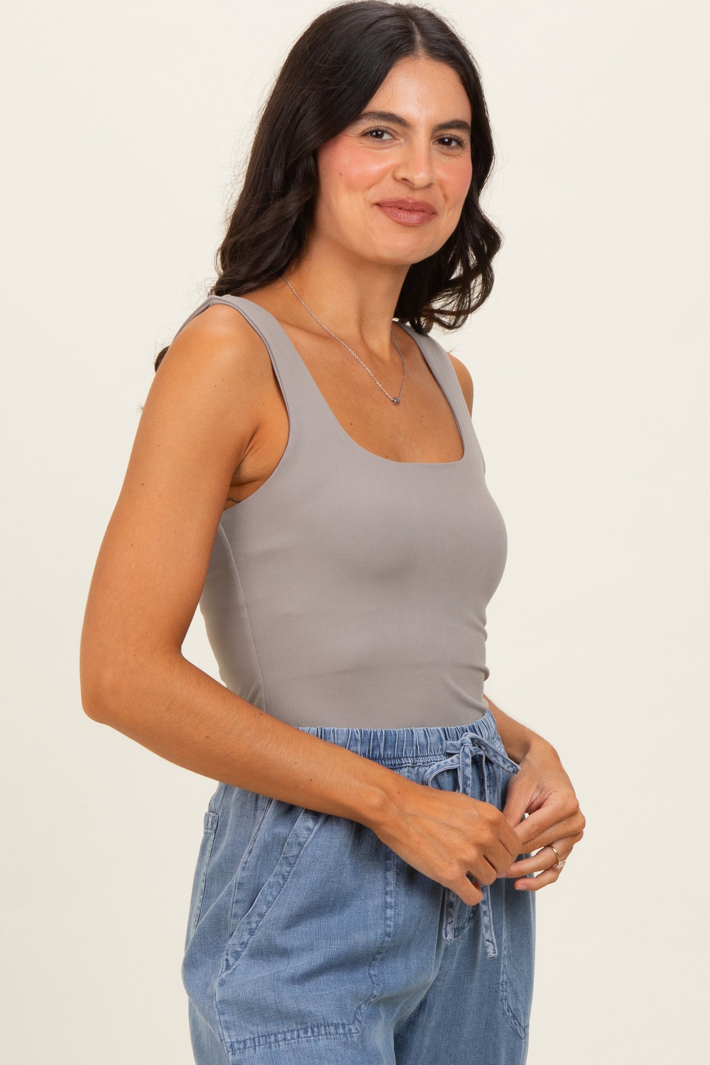 Stone Taupe Square Neckline Active Tank Top