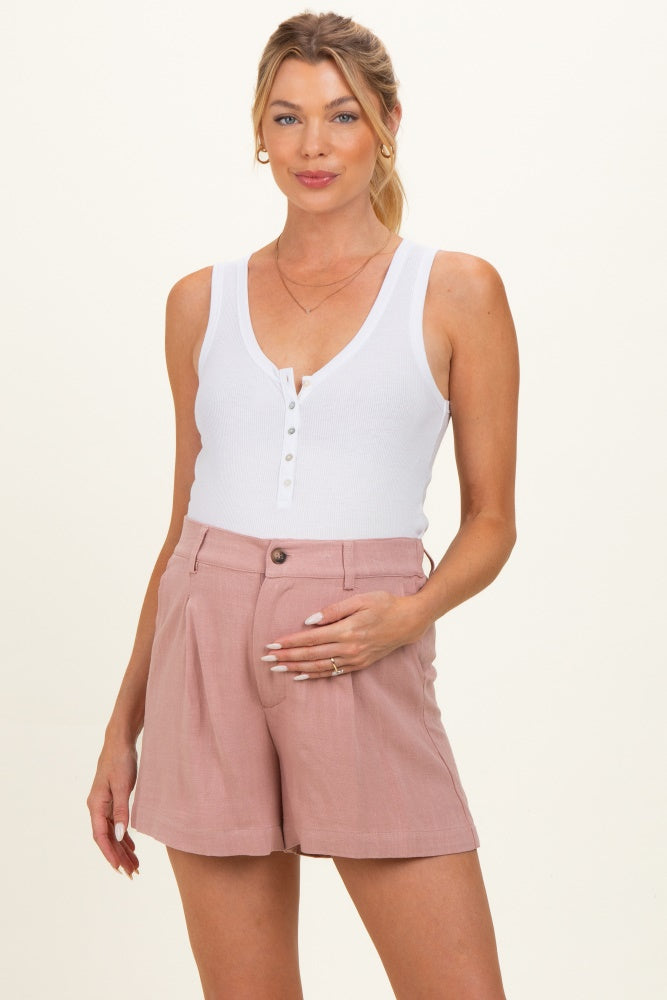 Dusty Mauve Linen Blend Maternity Shorts