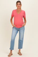 Guava Punch Linen Blend V-Neck Short Sleeve Maternity T-Shirt