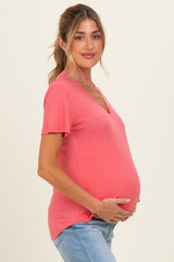 Guava Punch Linen Blend V-Neck Short Sleeve Maternity T-Shirt