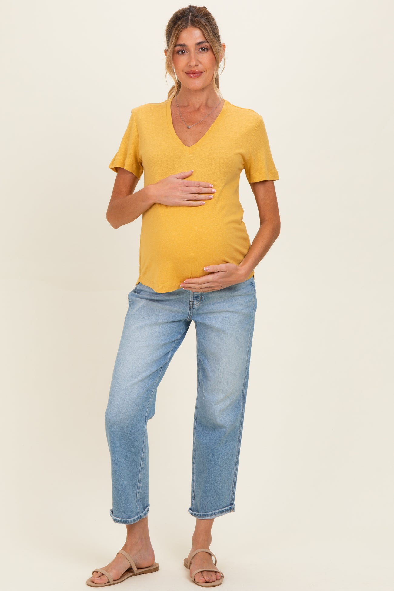 Sunflower Linen Blend V-Neck Short Sleeve Maternity T-Shirt