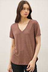 Choco Linen Blend V-Neck Short Sleeve T-Shirt