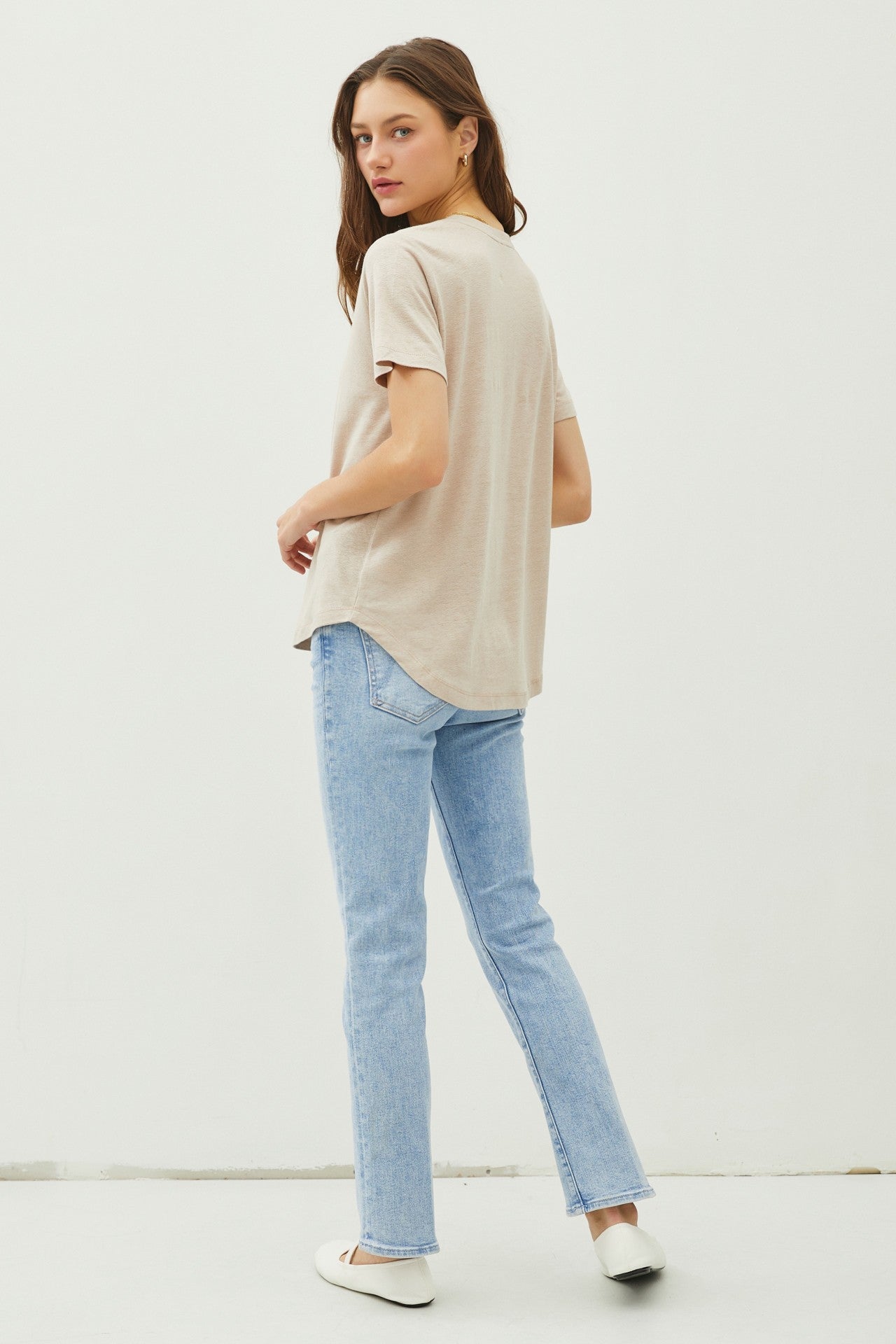Khaki Linen Blend V-Neck Short Sleeve T-Shirt