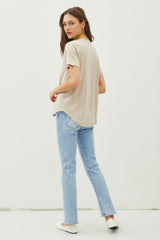 Khaki Linen Blend V-Neck Short Sleeve T-Shirt