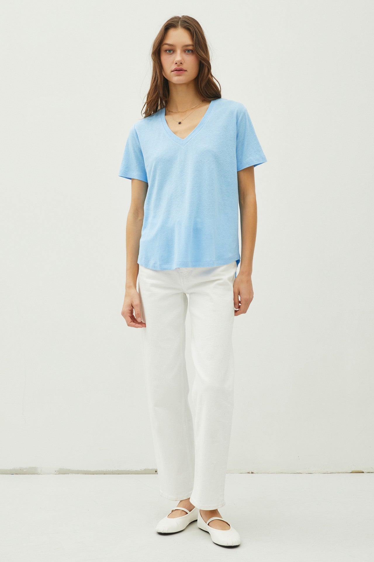Sky Linen Blend V-Neck Short Sleeve T-Shirt