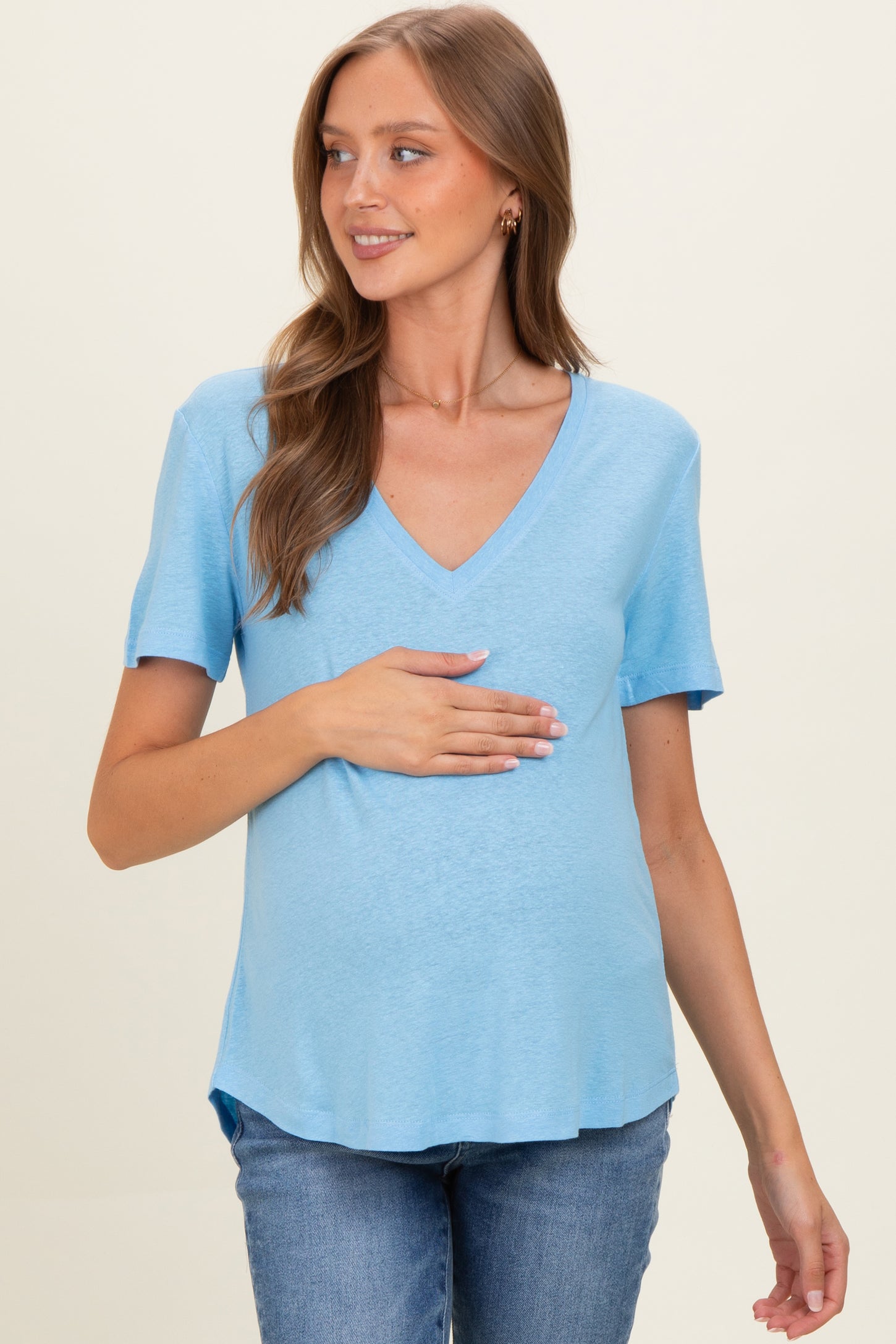 Sky Linen Blend V-Neck Short Sleeve Maternity T-Shirt