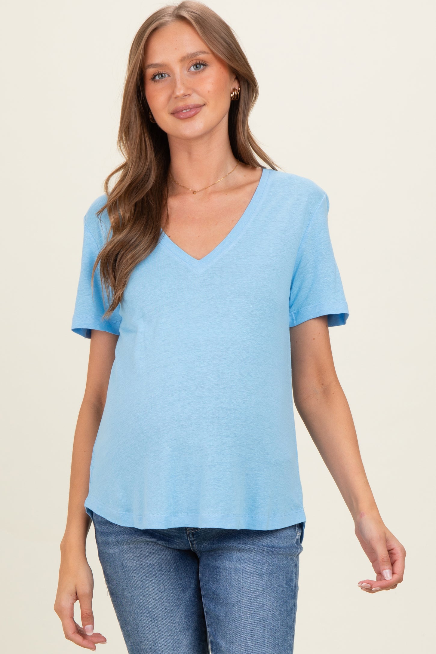 Sky Linen Blend V-Neck Short Sleeve Maternity T-Shirt