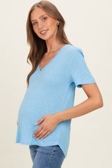 Sky Linen Blend V-Neck Short Sleeve Maternity T-Shirt