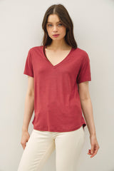 Wine Linen Blend V-Neck Short Sleeve T-Shirt