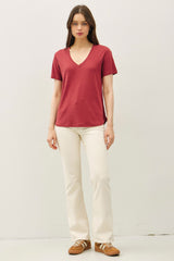 Wine Linen Blend V-Neck Short Sleeve T-Shirt