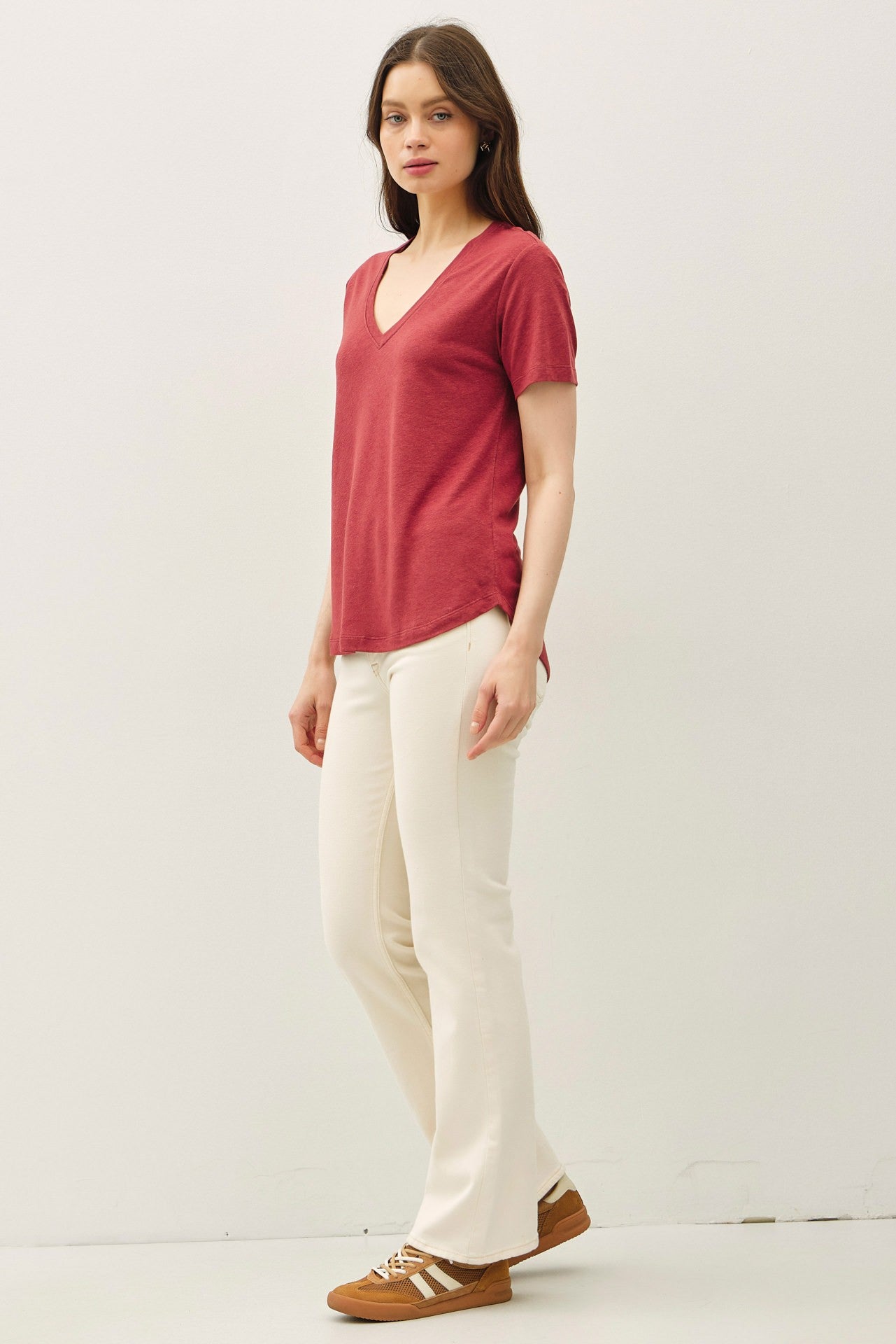 Wine Linen Blend V-Neck Short Sleeve T-Shirt