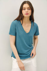 Teal Linen Blend V-Neck Short Sleeve T-Shirt