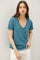 Teal Linen Blend V-Neck Short Sleeve T-Shirt