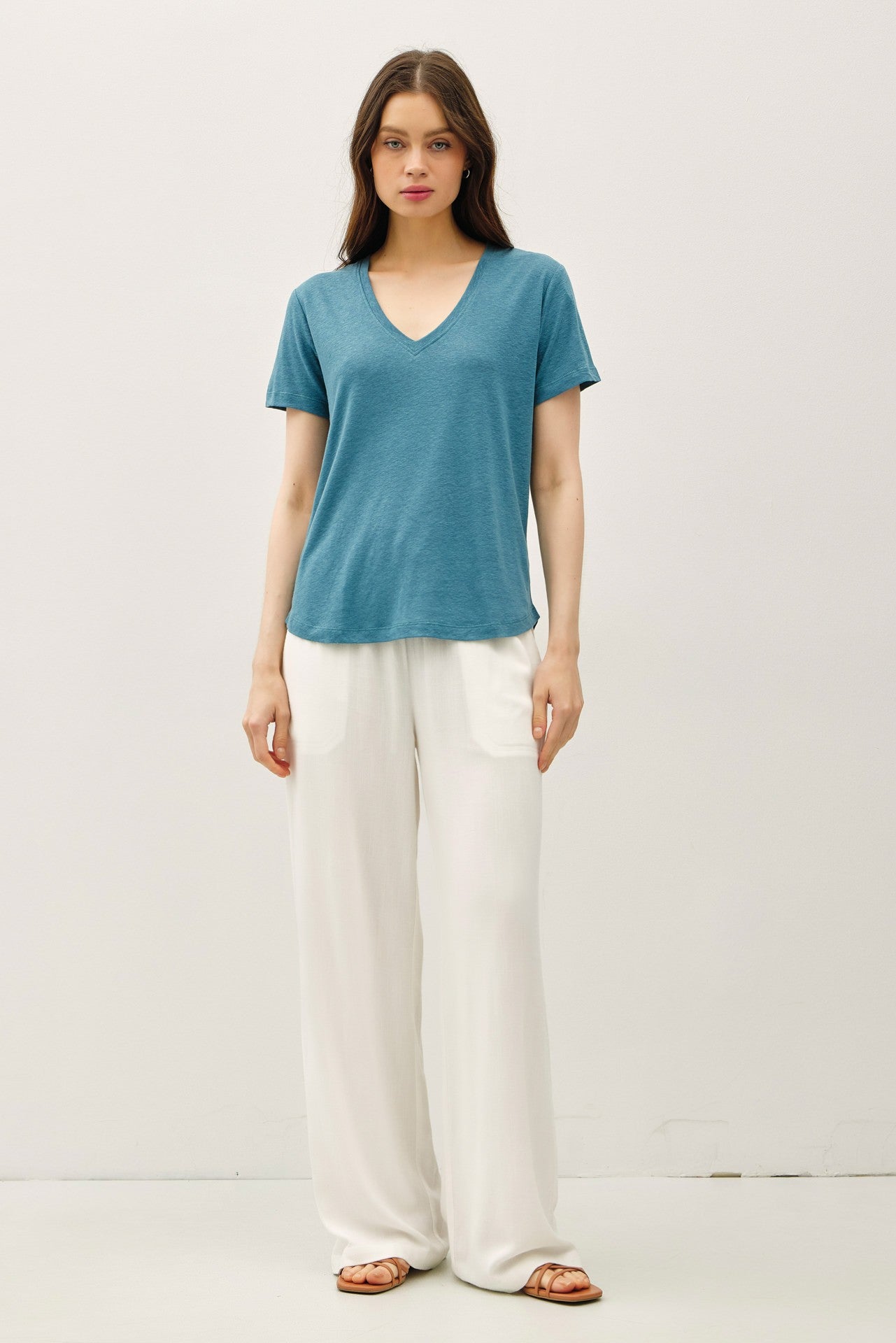 Teal Linen Blend V-Neck Short Sleeve T-Shirt