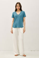 Teal Linen Blend V-Neck Short Sleeve T-Shirt