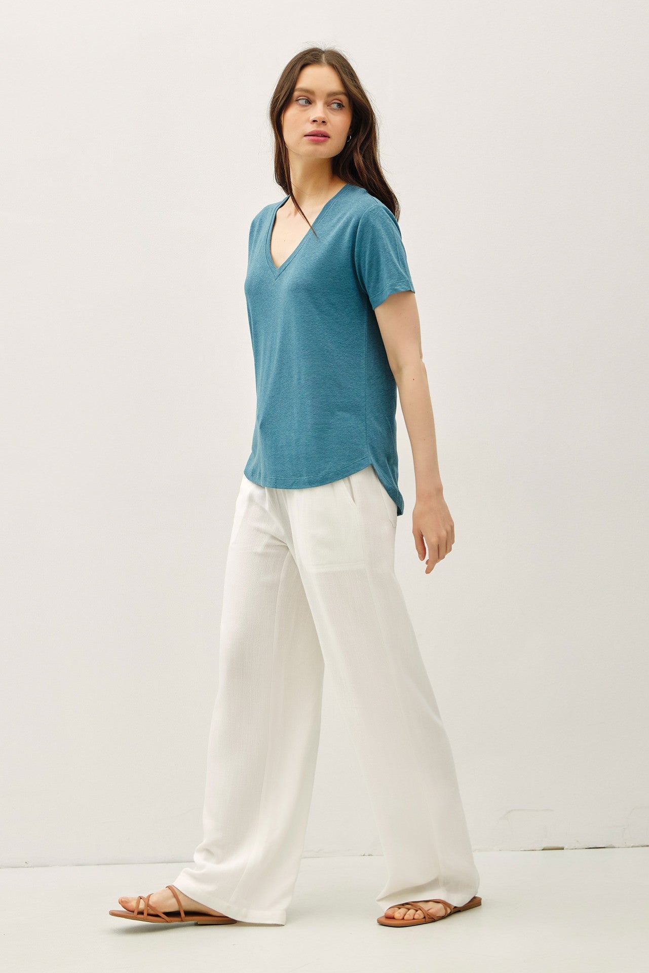 Teal Linen Blend V-Neck Short Sleeve T-Shirt