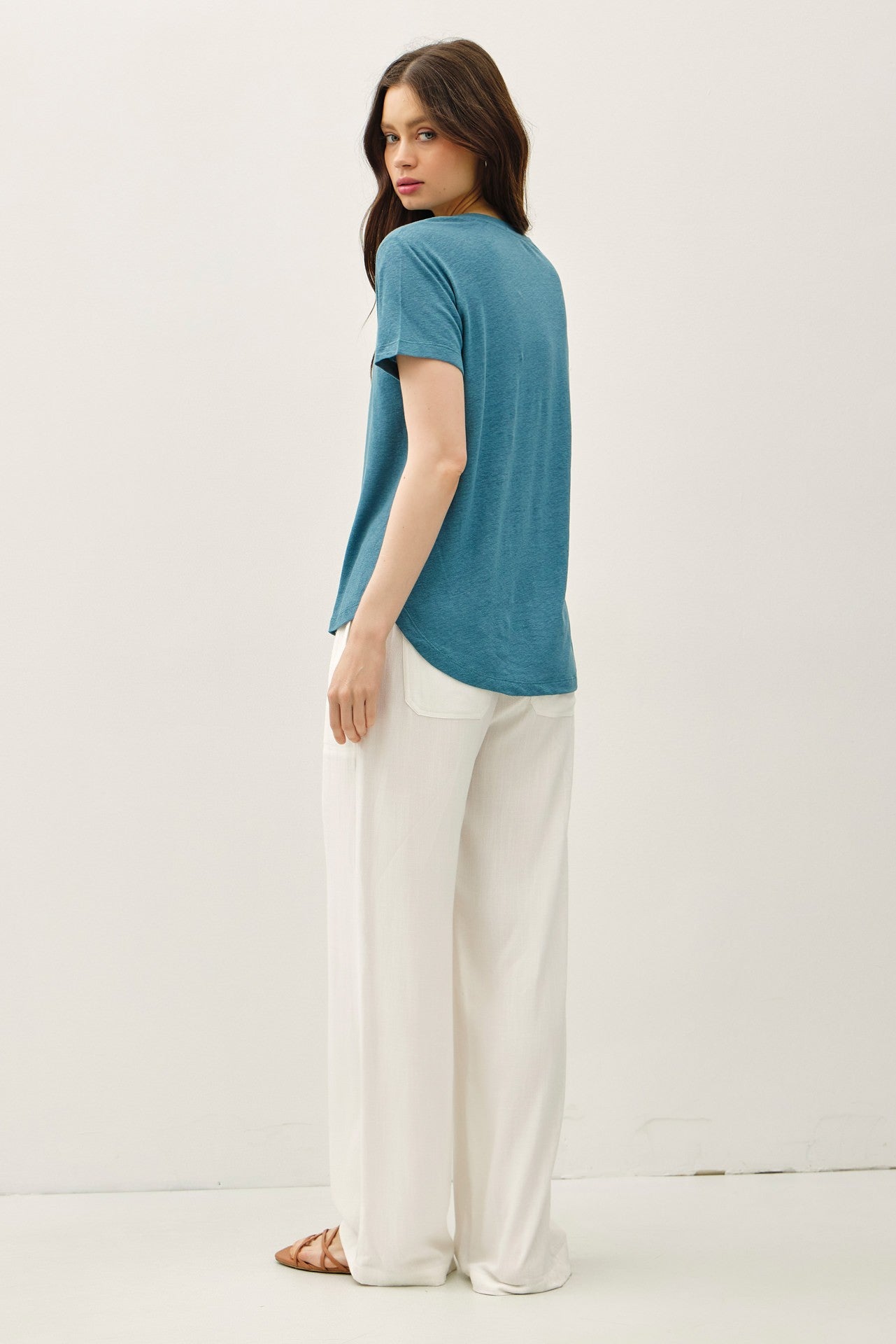 Teal Linen Blend V-Neck Short Sleeve T-Shirt