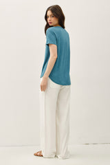 Teal Linen Blend V-Neck Short Sleeve T-Shirt