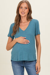 Teal Linen Blend V-Neck Short Sleeve Maternity T-Shirt