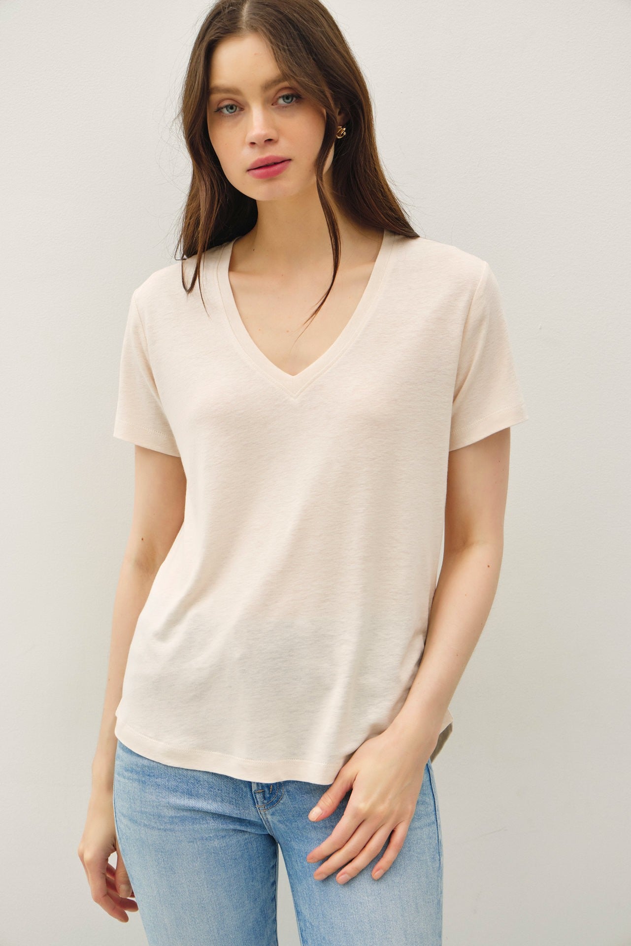 Natural Linen Blend V-Neck Short Sleeve Maternity T-Shirt