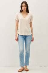 Natural Linen Blend V-Neck Short Sleeve T-Shirt