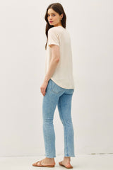 Natural Linen Blend V-Neck Short Sleeve T-Shirt