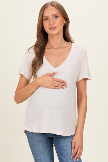 Natural Linen Blend V-Neck Short Sleeve Maternity T-Shirt