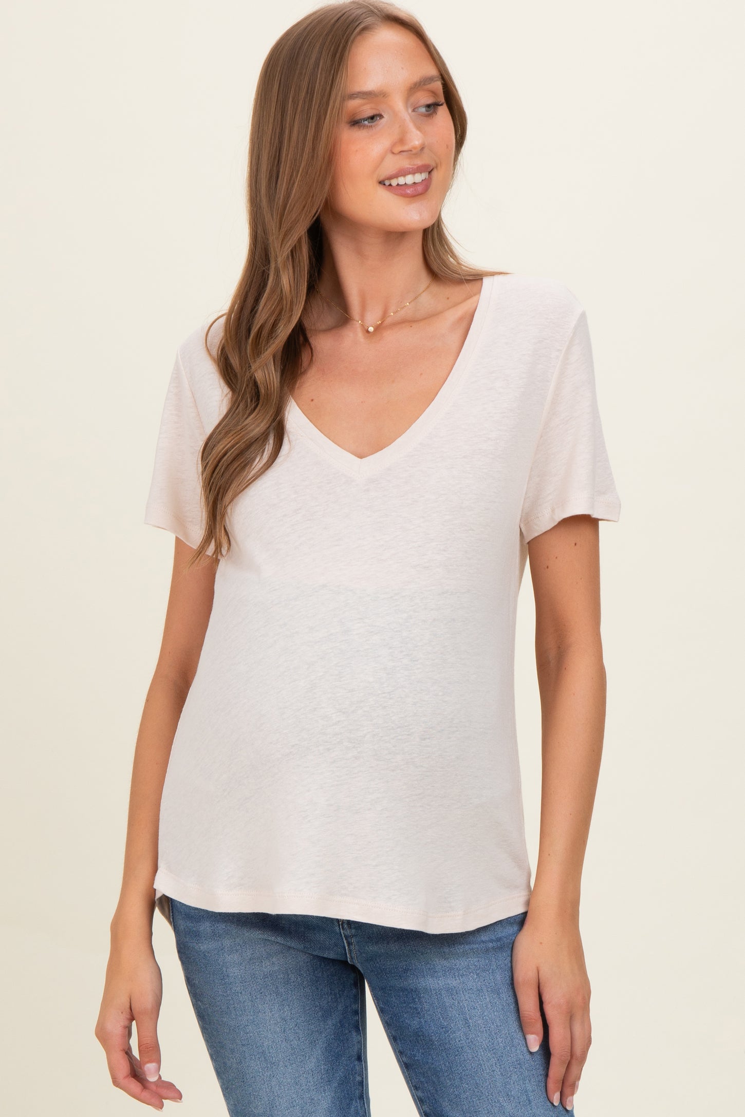 Natural Linen Blend V-Neck Short Sleeve Maternity T-Shirt