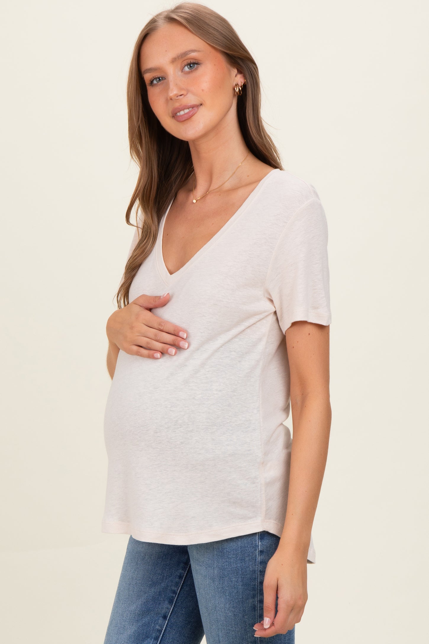 Natural Linen Blend V-Neck Short Sleeve Maternity T-Shirt