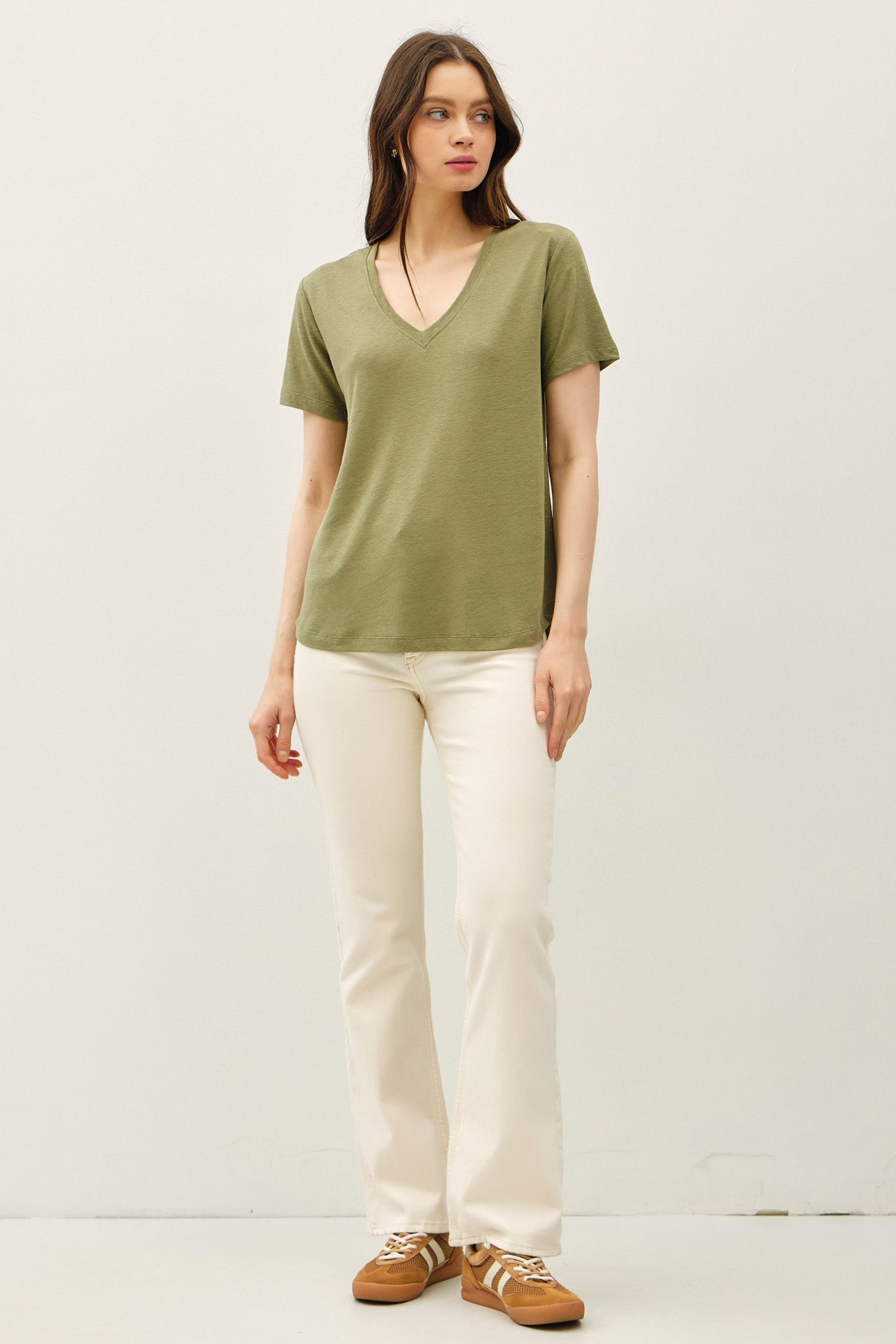Fern Linen Blend V-Neck Short Sleeve T-Shirt