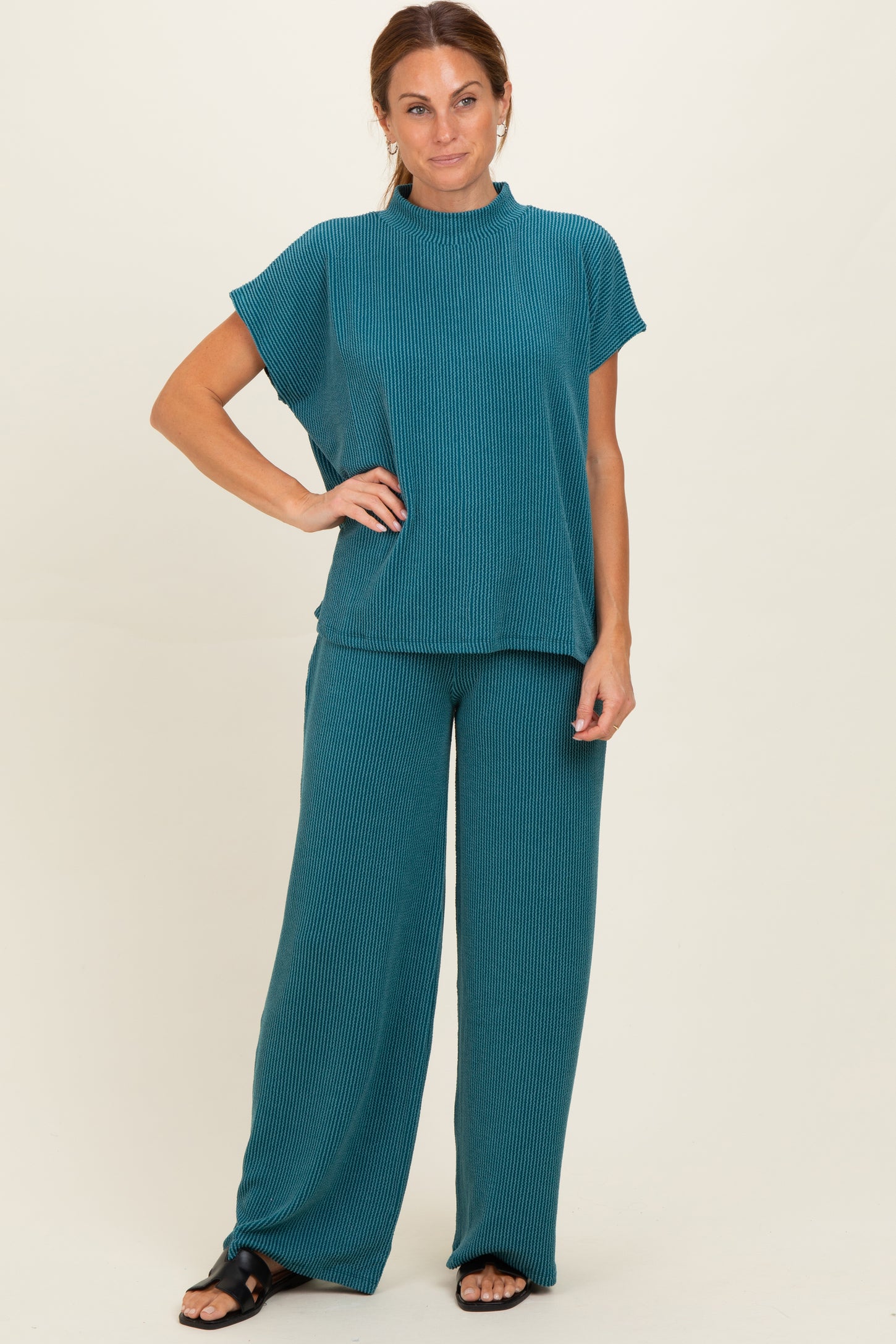Teal Textured Rib Mock Neck Short Sleeve Pant Set