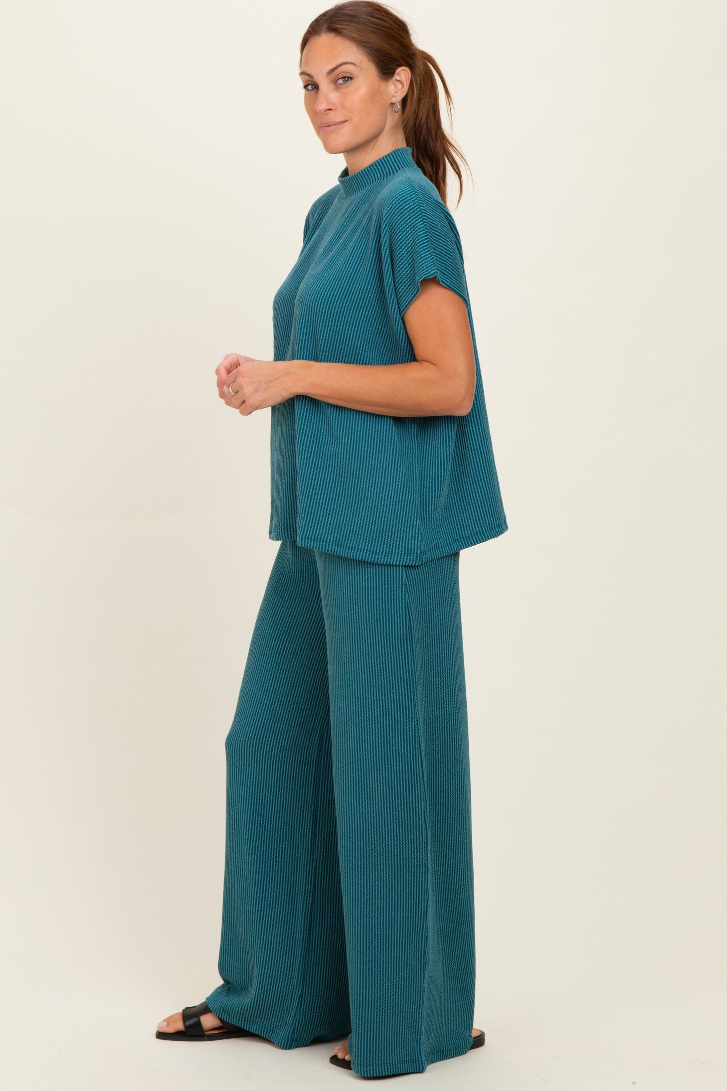 Teal Textured Rib Mock Neck Short Sleeve Pant Set