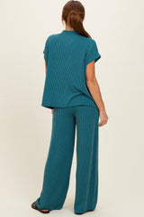 Teal Textured Rib Mock Neck Short Sleeve Pant Set