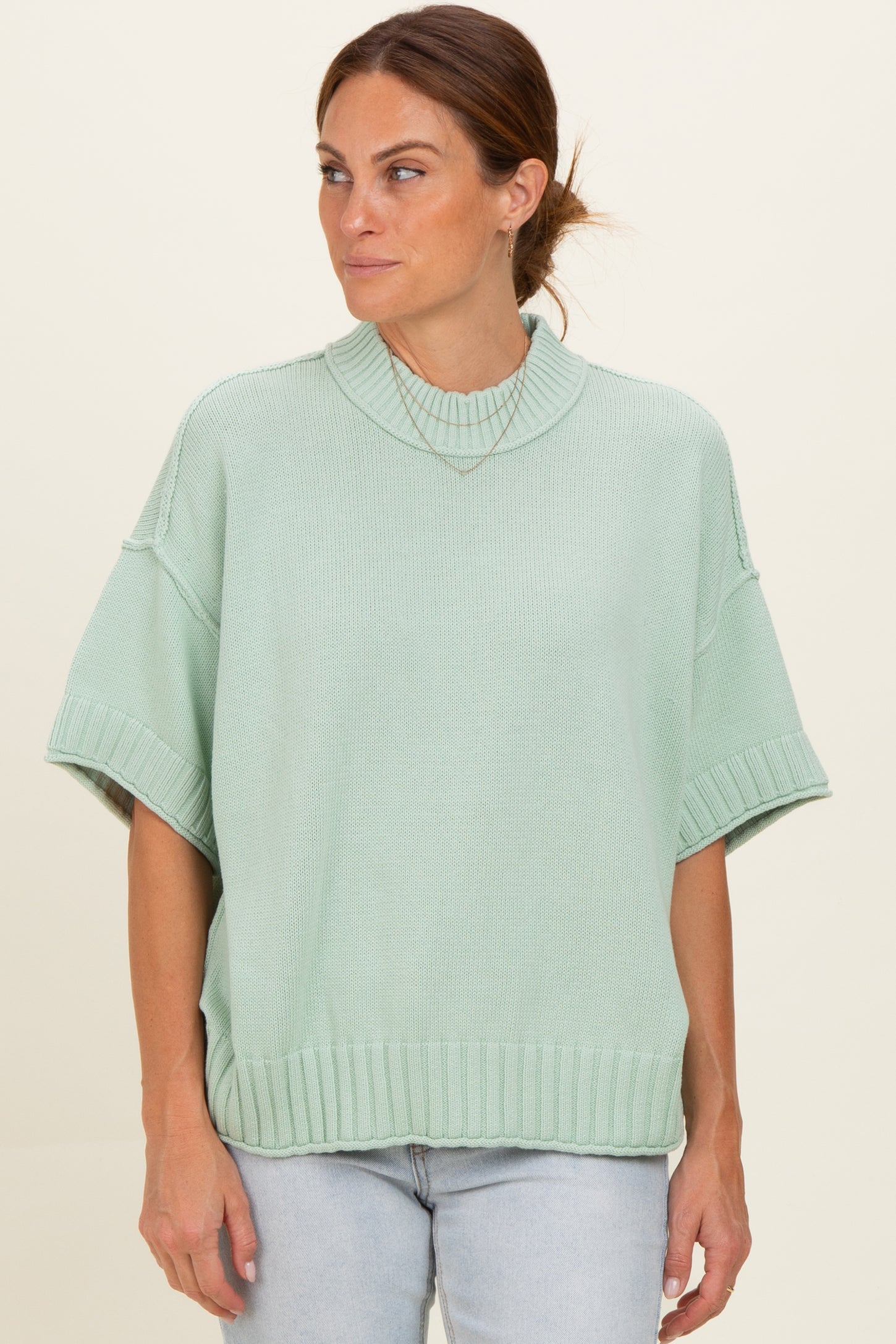 Mint Oversized Mock Neck Short Sleeve Sweater