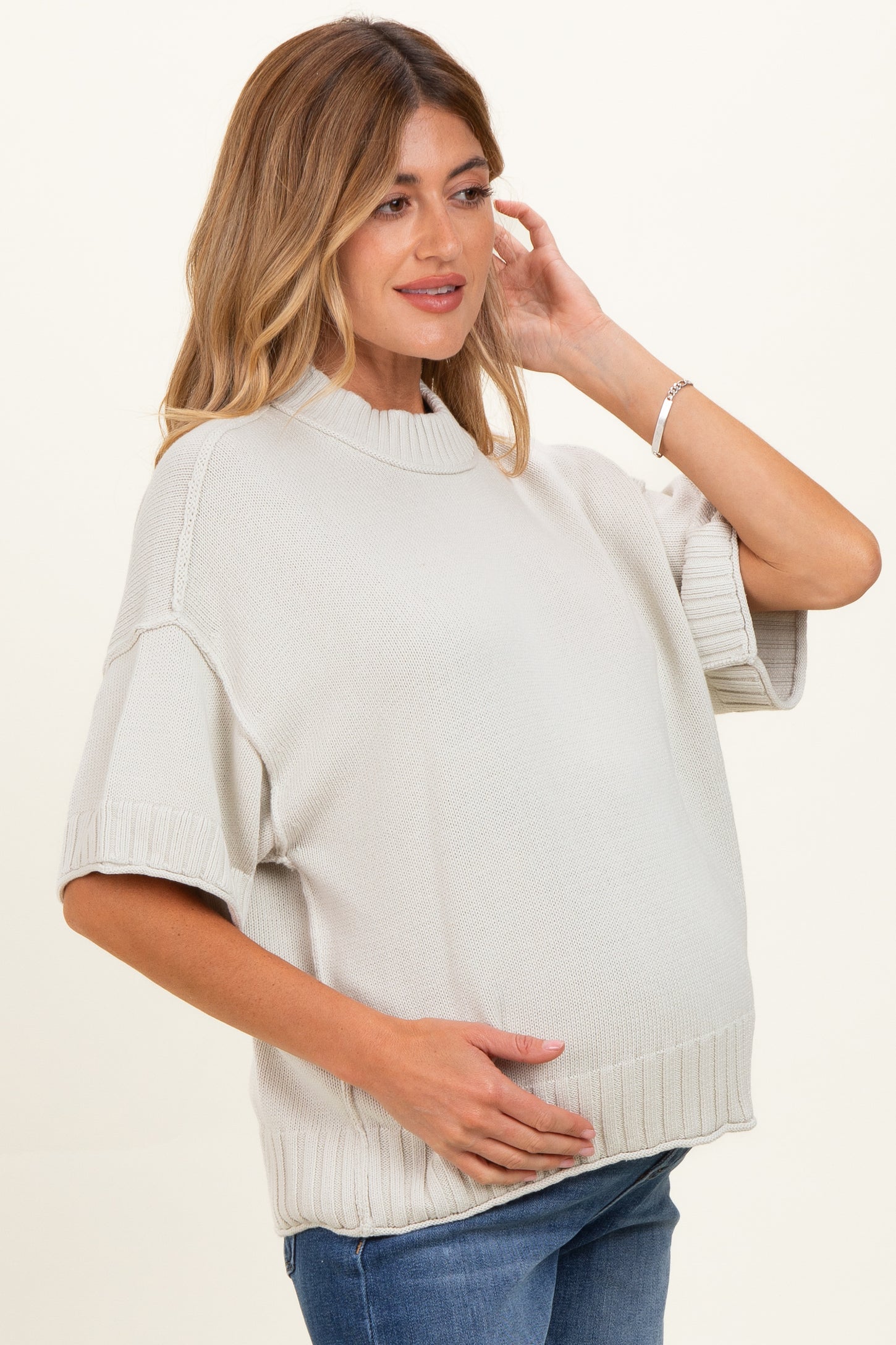 Light Silver Oversized Mock Neck Short Sleeve Maternity Sweater