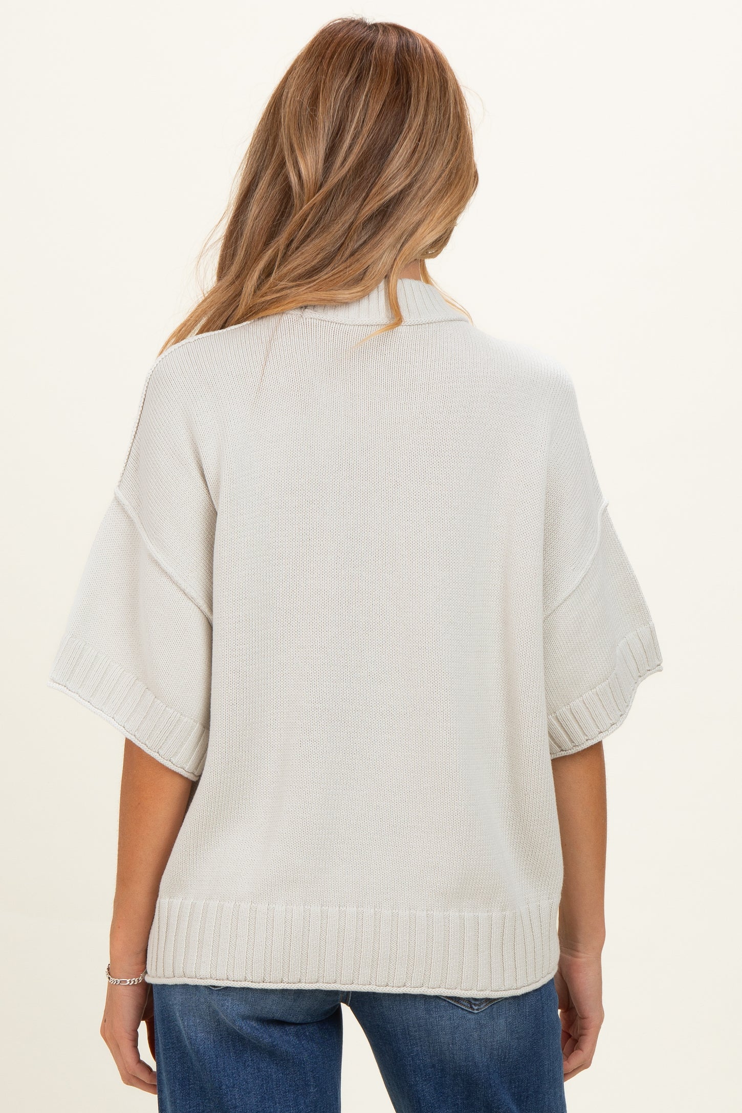 Light Silver Oversized Mock Neck Short Sleeve Maternity Sweater