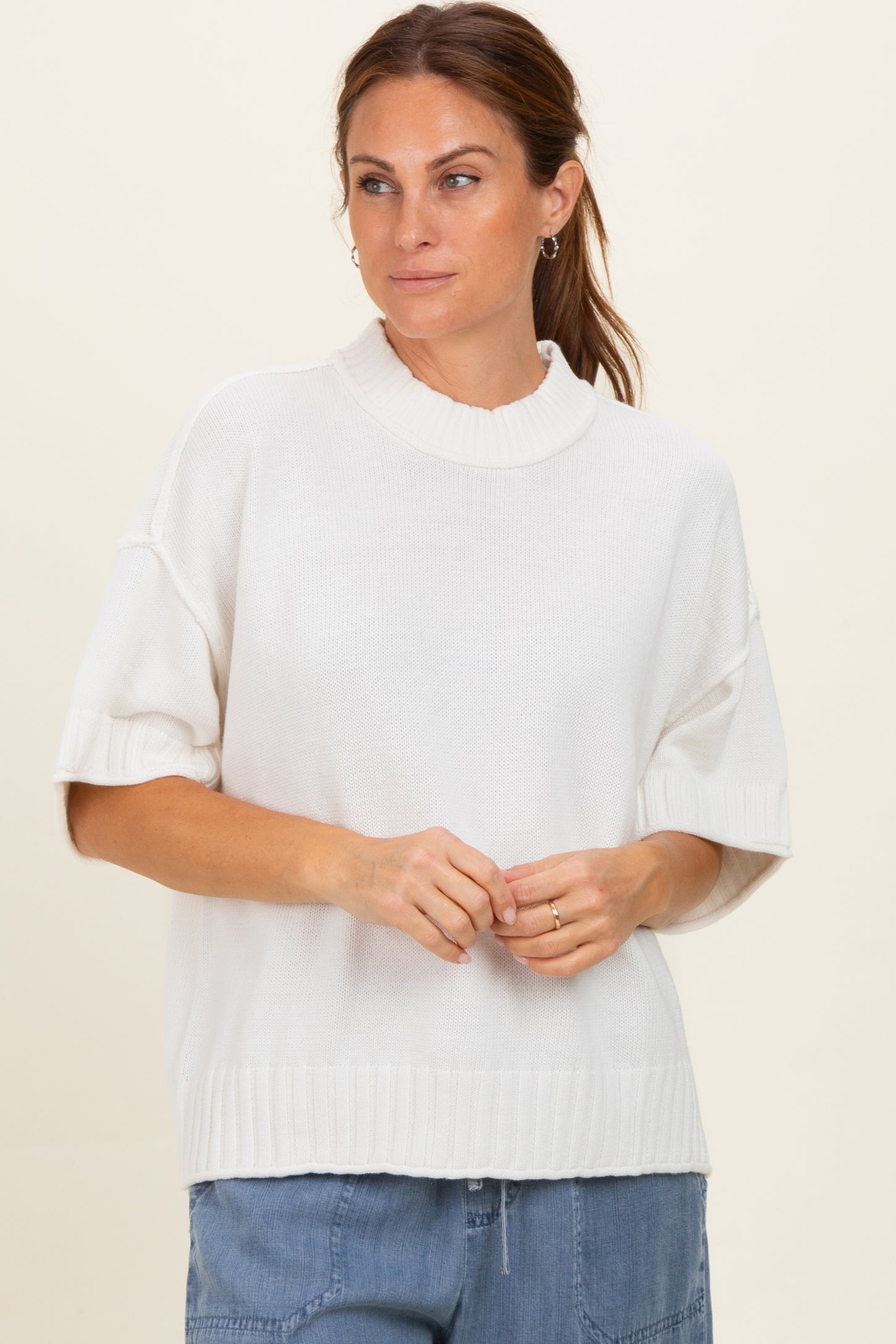 Off White Oversized Mock Neck Short Sleeve Sweater