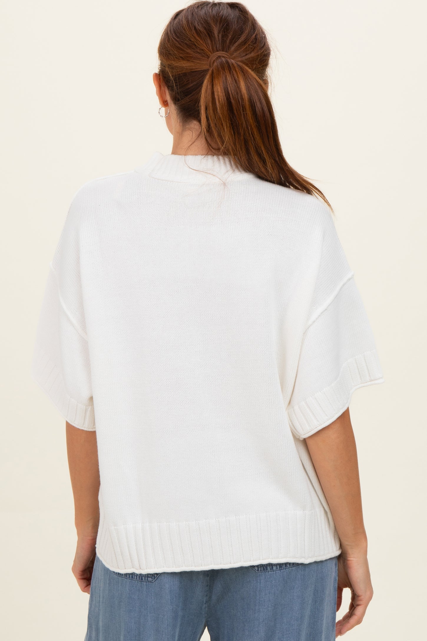 Off White Oversized Mock Neck Short Sleeve Sweater