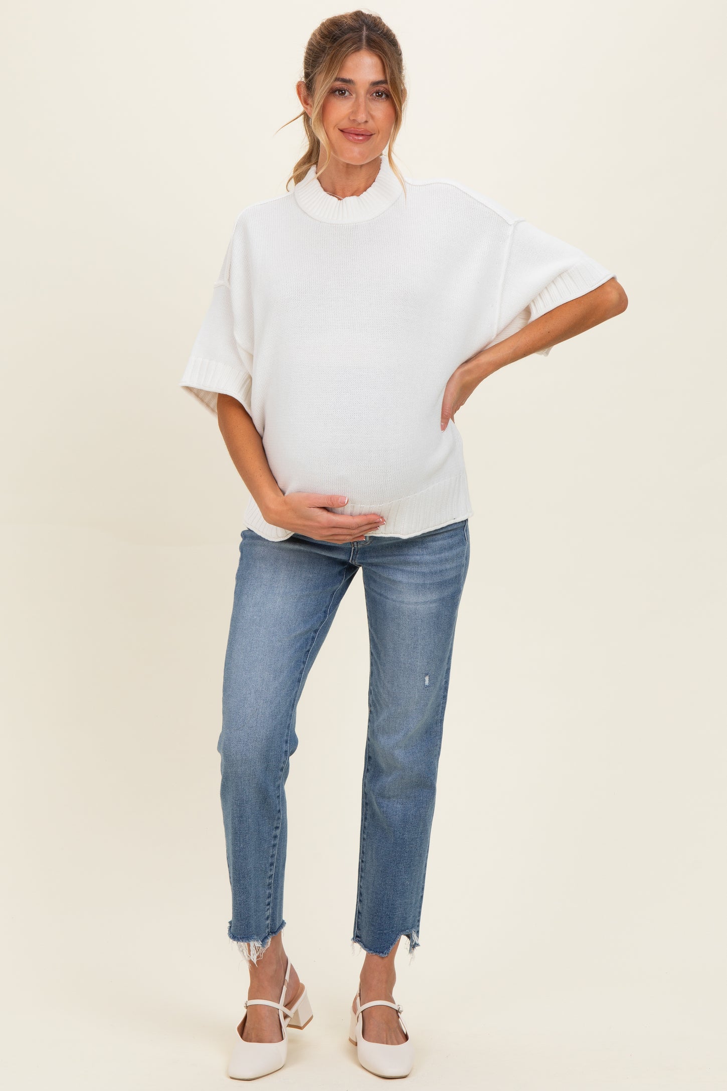 Off White Oversized Mock Neck Short Sleeve Maternity Sweater
