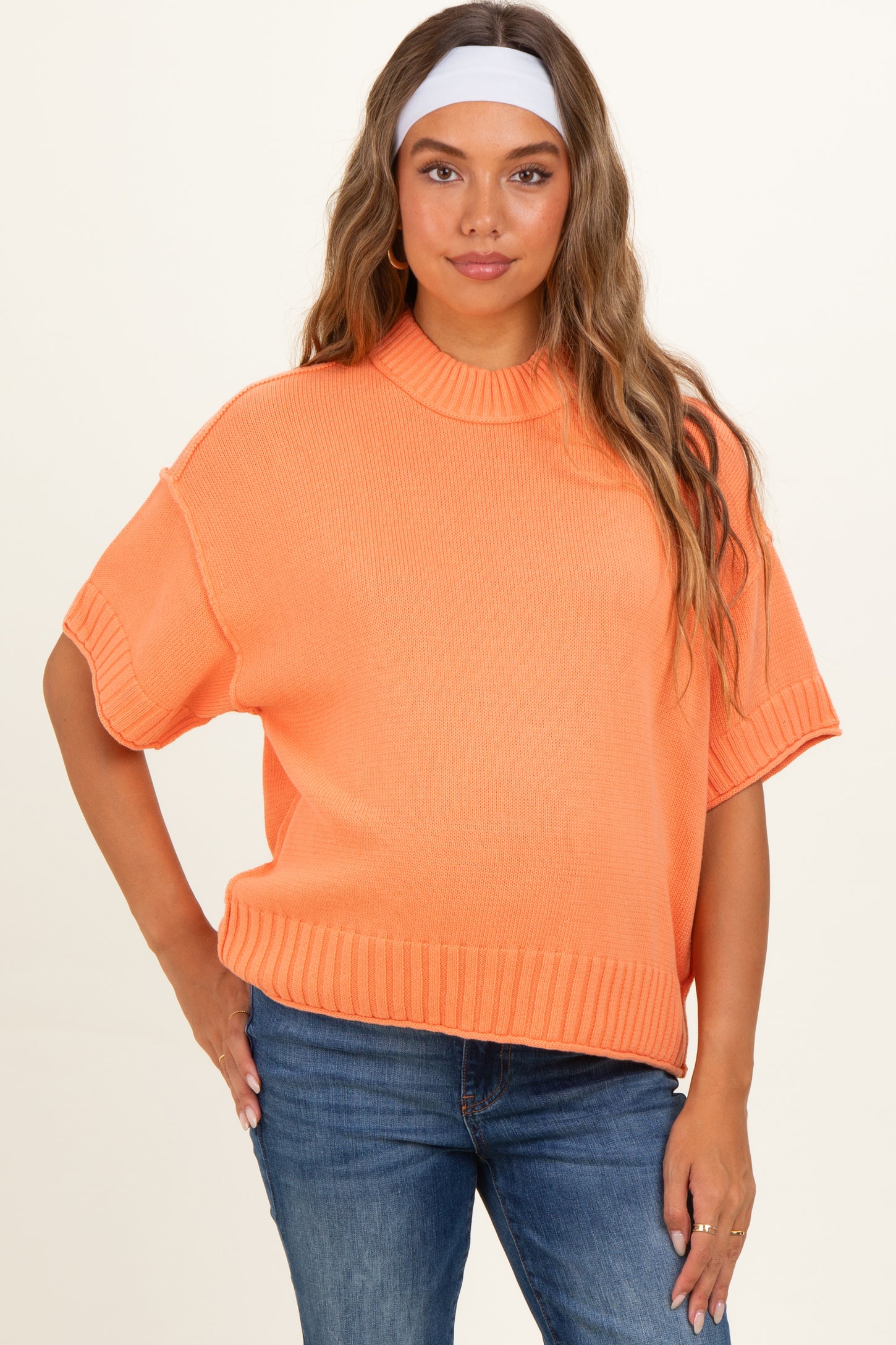 Peach Oversized Mock Neck Short Sleeve Maternity Sweater