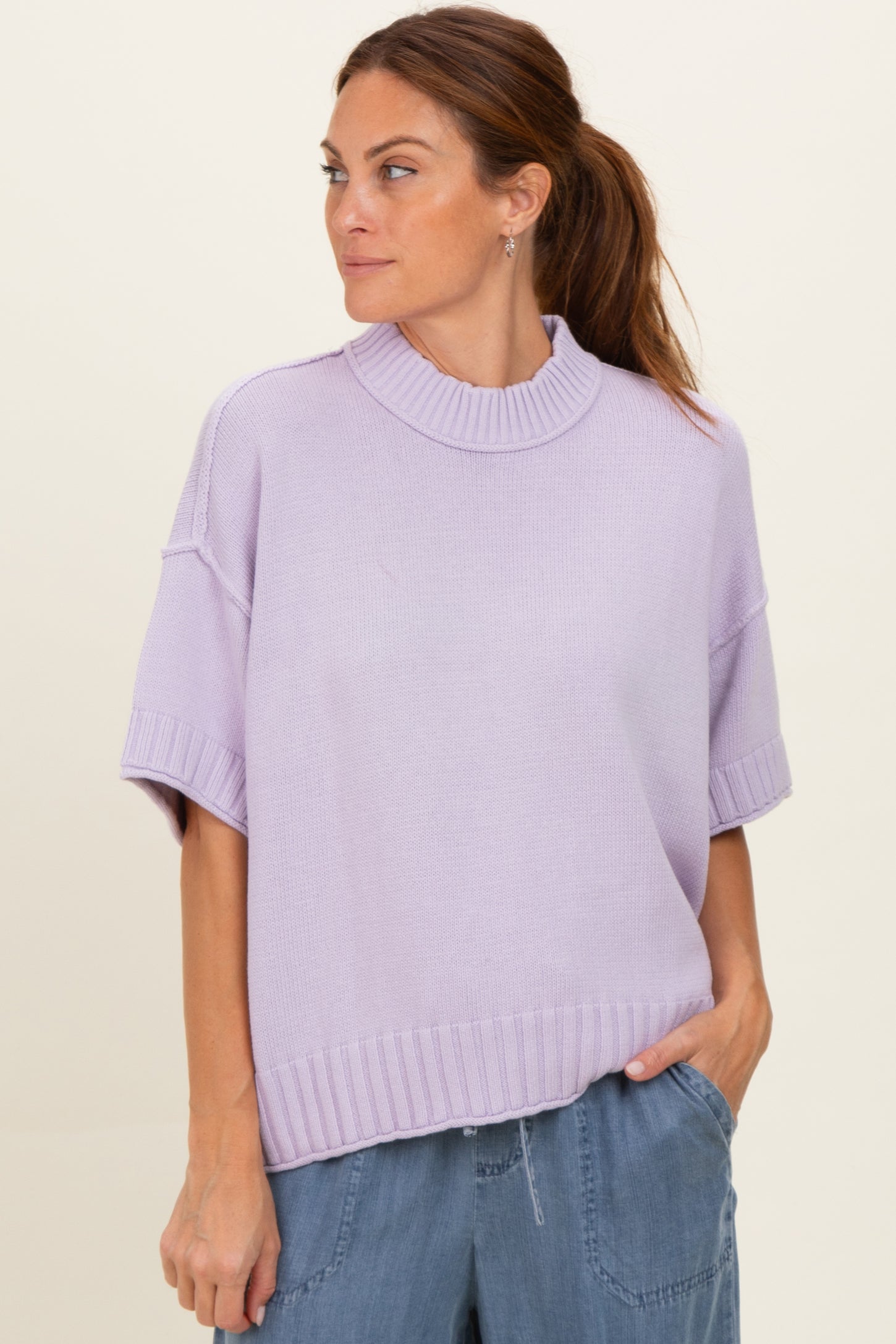 Lavender Oversized Mock Neck Short Sleeve Sweater