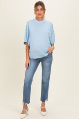 Light Blue Oversized Mock Neck Short Sleeve Maternity Sweater